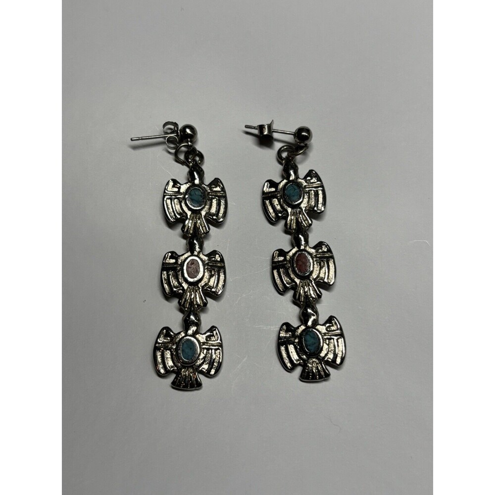 Triple Thunderbird Stacked Navajo Earrings Dangle Native Sterling 925